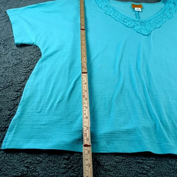 Ruby Rd Woman Size 2X Turquoise Blue Crochet V-Neck Slub Knit Top - Picture 5 of 6